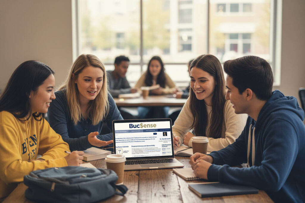 Students sitting around a computer at a table talking about Buc$ense